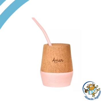 Mate Pink Painted Wooden Gourd with Drinking Pipe